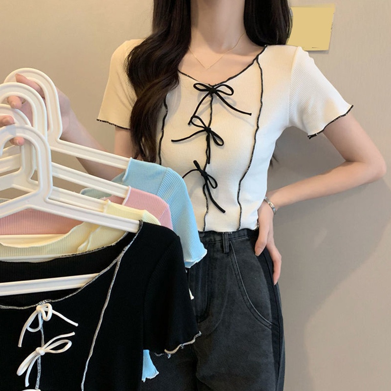 Áo Thun Croptop Dệt Kim Tay Ngắn Cổ Tròn Phối Nơ Họa Tiết Kẻ Sọc Màu Tương Phản Dễ Thương Thời Trang Cho Nữ