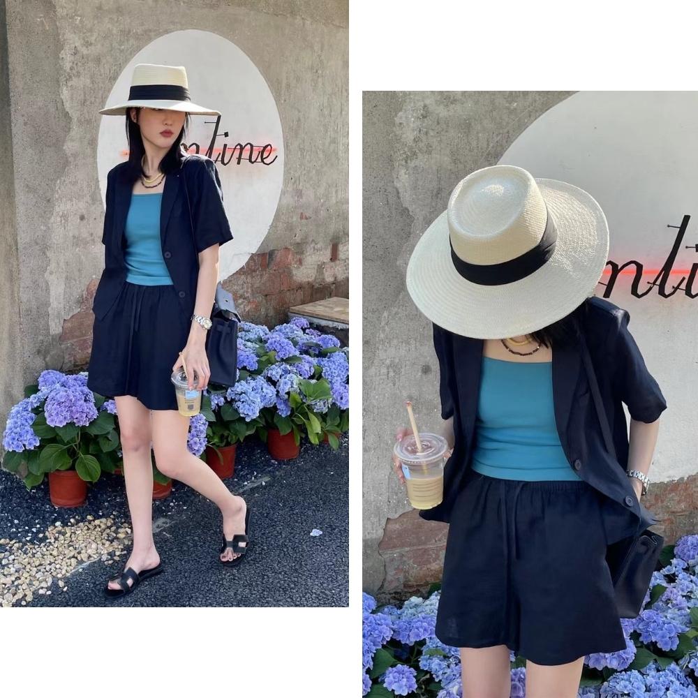 Set đồ nữ vải đũi linen gồm áo khoác vest ngắn croptop thiết kế và quần short đùi lưng chun ống rộng có bigsize 80kg