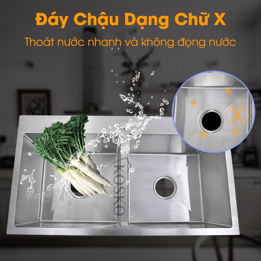 Chậu rửa bát inox 304 KOSKO Đúc nguyên khối 2 Hố Cân (Tặng Kệ Để Đồ Đa Năng + Bộ ống xả) Bảo hành 2 năm - 1 đổi 1