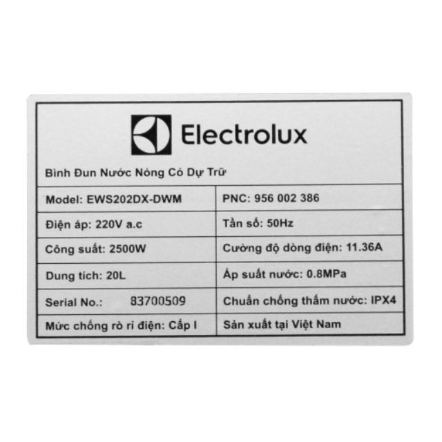 Máy nước nóng gián tiếp Electrolux EWS202DX-DWM 20 lít 2500W - Tùy chỉnh nhiệt độ - Made in Vietnam (Màu trắng)