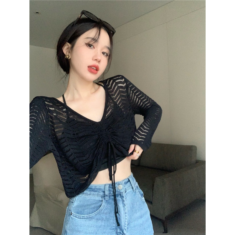 Porozi Áo kiểu  dệt kim mỏng khoét lỗ tay dài cổ chữ V phong cách Hàn Quốc thời trang dành cho nữ