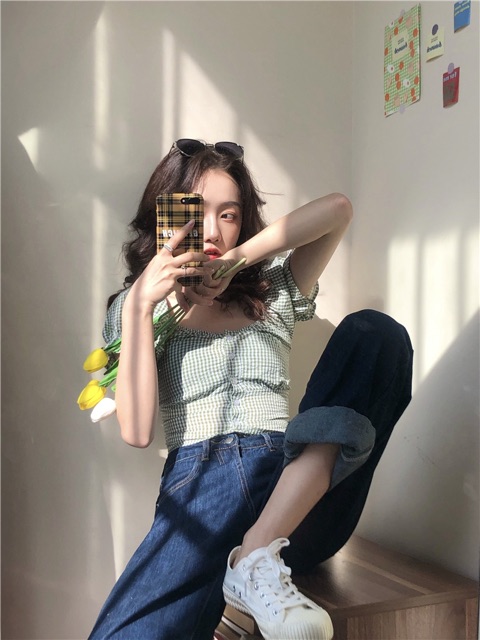 [Có sẵn +ảnh thật] Áo caro croptop tay bồng phong cách Ulzzang Hàn Quốc