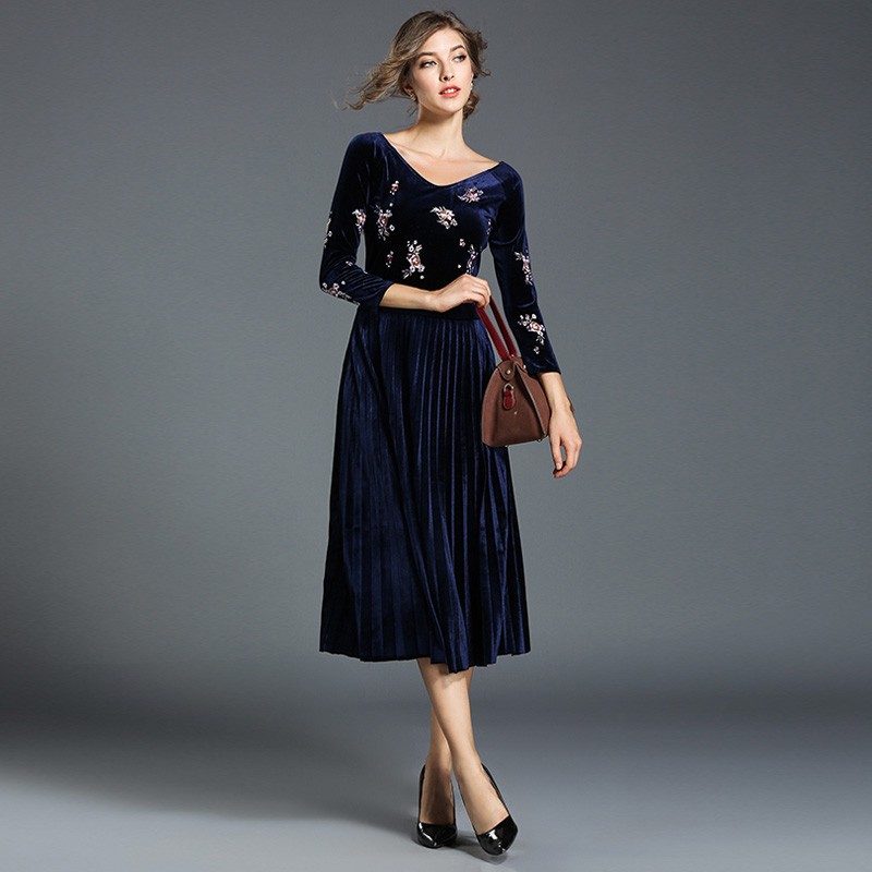 Real Shot Women's High Quality Embroidered Velvet Midi Pleated Party Dress | BigBuy360 - bigbuy360.vn