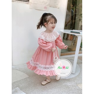 Váy dài tay chất liệu thô lụa phối cổ ren cực xinh cho bé gái V52, quần áo cho bé Namkidshop