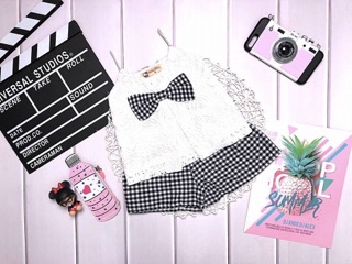 Set bộ áo ren nơ caro 85k