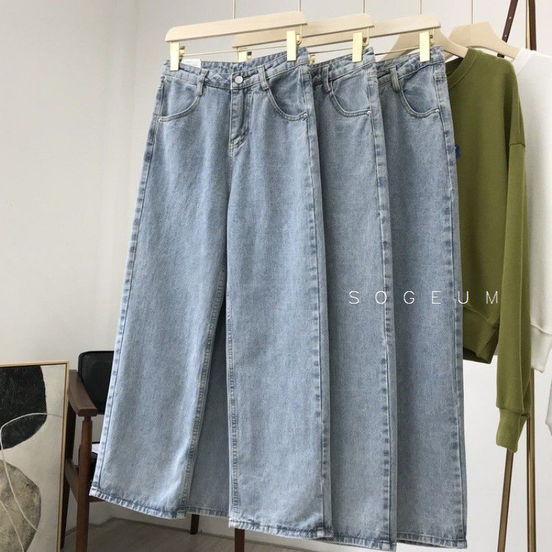 Quần jean nữ ống rộng, quần bò cạp cao dáng ống xuông màu xanh jean size S M L Q137
