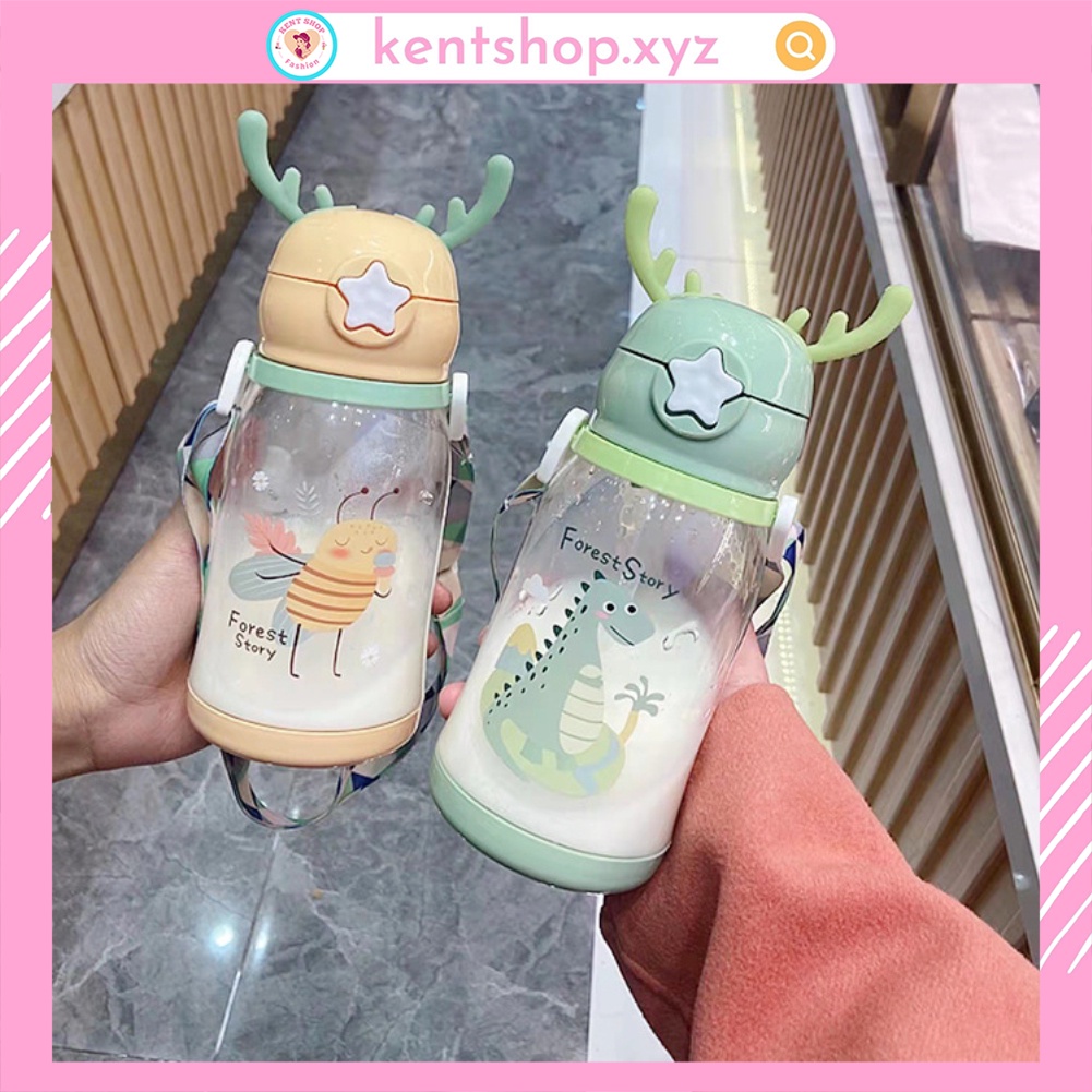 Bình tập uống nước cho bé cute có ống hút chống sặc bằng Silicon, Bình uống nước Sừng Nai Cute cho bé mang đi học