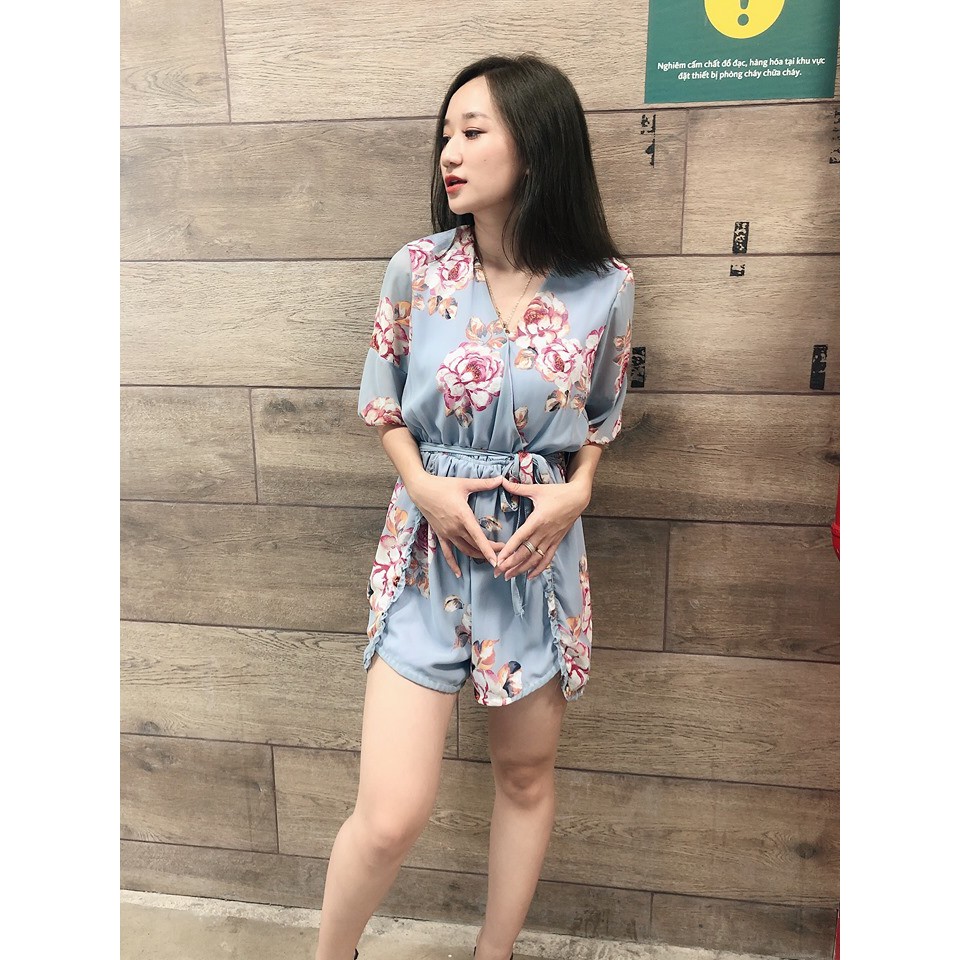 Jumpsuit Hoa Tay Lỡ Cổ V (Xanh)
