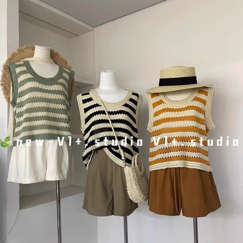 áo len lưới lỗ dệt kim sọc ngang hot hit tay ngắn &amp; không tay (bz1213#)