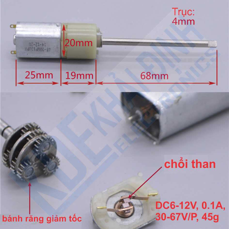 động cơ giảm tốc 130 trục dài, 12Vdc, 67V/P kde2564