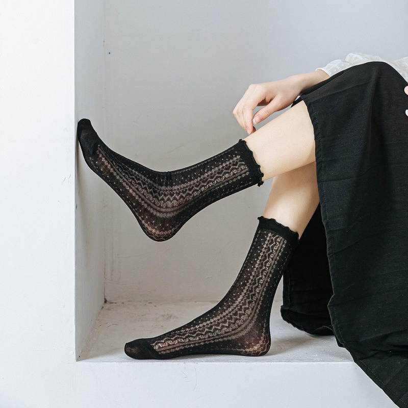 Vớ Ren Lưới Mỏng Cổ Vừa Màu Đen/Trắng Phong Cách lolita Nhật Bản Thời Trang Xuân Hè Cho Nữ