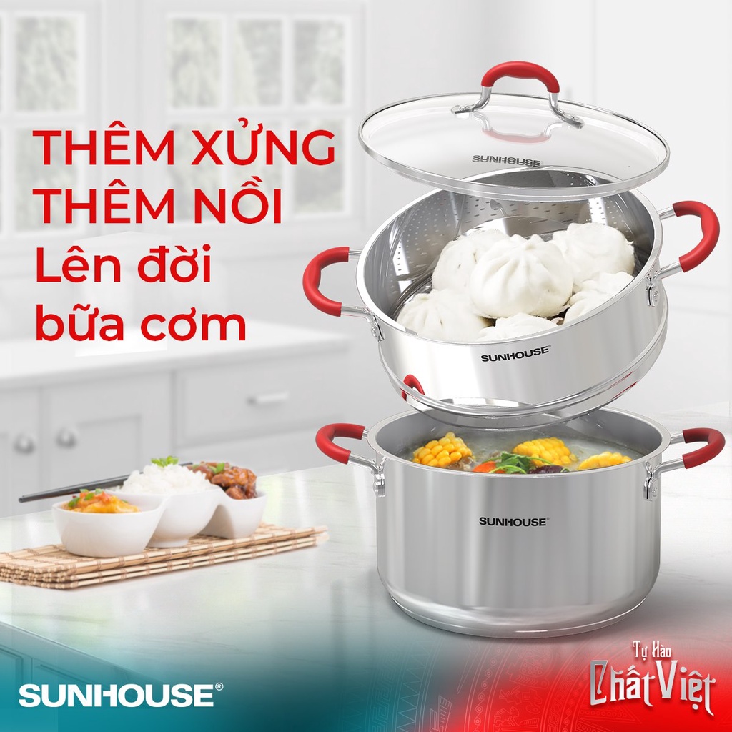 BỘ NỒI XỬNG INOX 5 ĐÁY SUNHOUSE SHG507-28 28CM 24CM (DÙNG MỌI LOẠI BẾP) TẶNG 1 GÓI KHĂN ƯỚT SKY