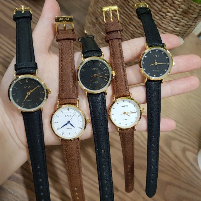 Đồng Hồ Đôi Nam Nữ Halei 002 Mặt Đá Dây Da Chính Hãng