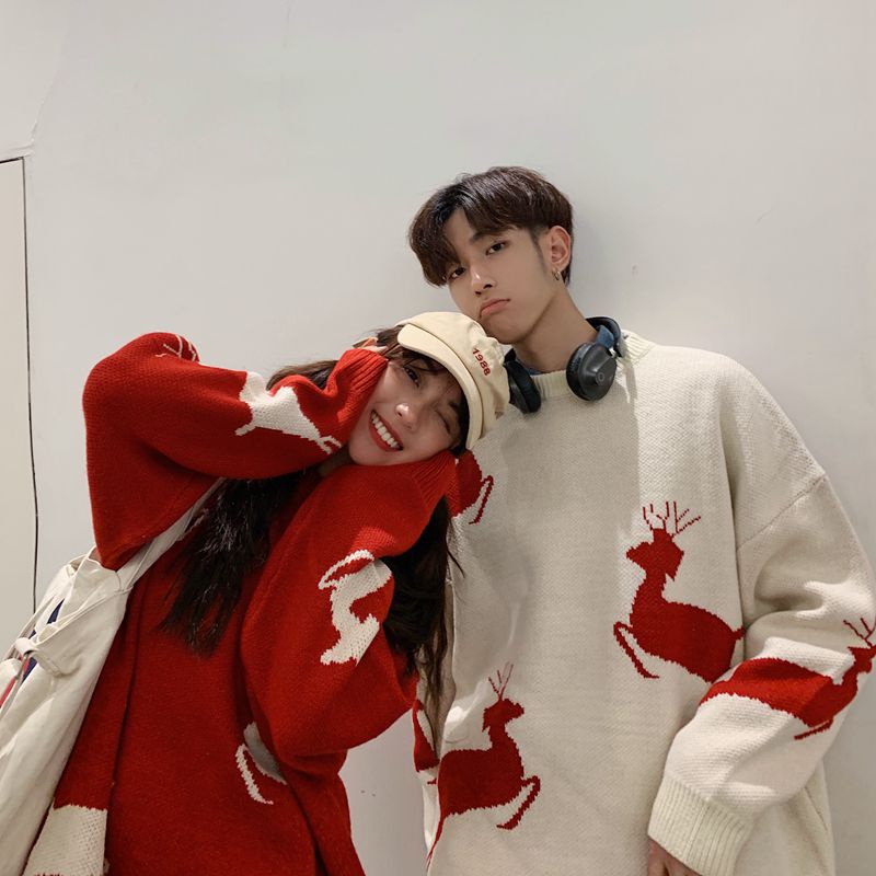Áo sweater dệt kim cổ tròn dáng rộng in hình tuần lộc Giáng Sinh thời trang mùa đông xinh xắn cho cặp đôi
