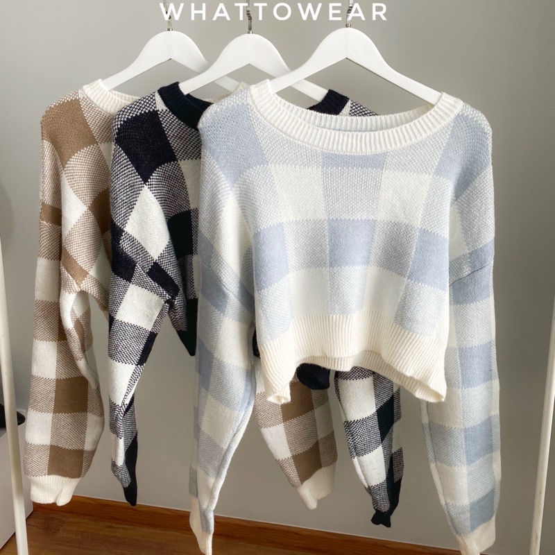 Áo croptop len tay dài kẻ caro ô to