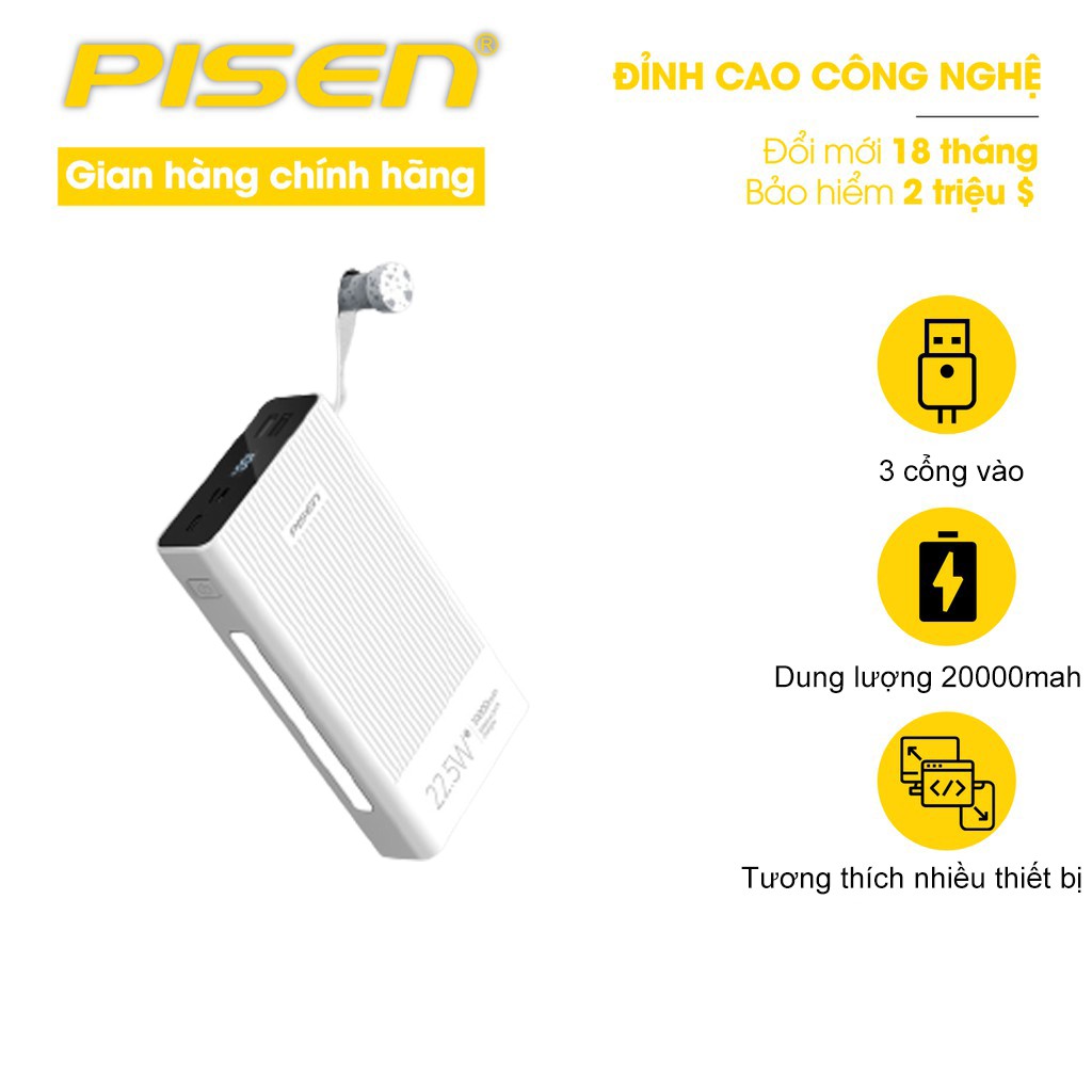 Sạc dự phòng PISEN Pro All 20000mAh, 22.5W - (LS-DY22 ) Trắng - Hàng chính hãng