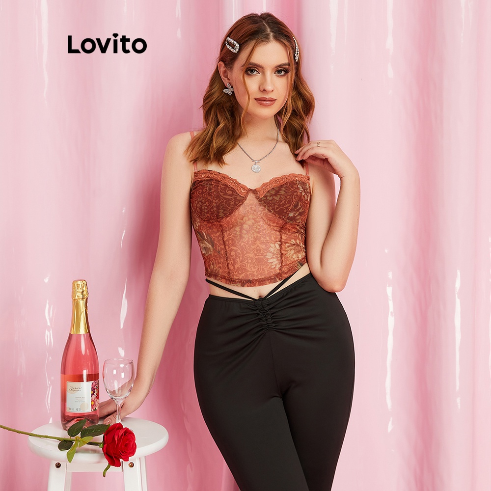 Áo tank top Lovito in hoa phối ren màu tương phản nữ tính L10155 (màu nâu)
