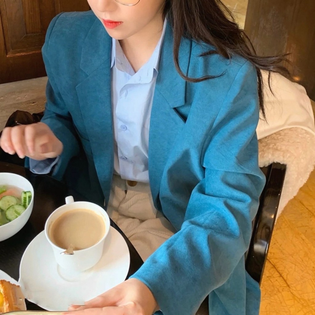 (Hàng Đẹp)Áo blazer nhung xanh xuân thu phong cách Hàn Quốc-HC653.Ảnh thật 3 hình cuối