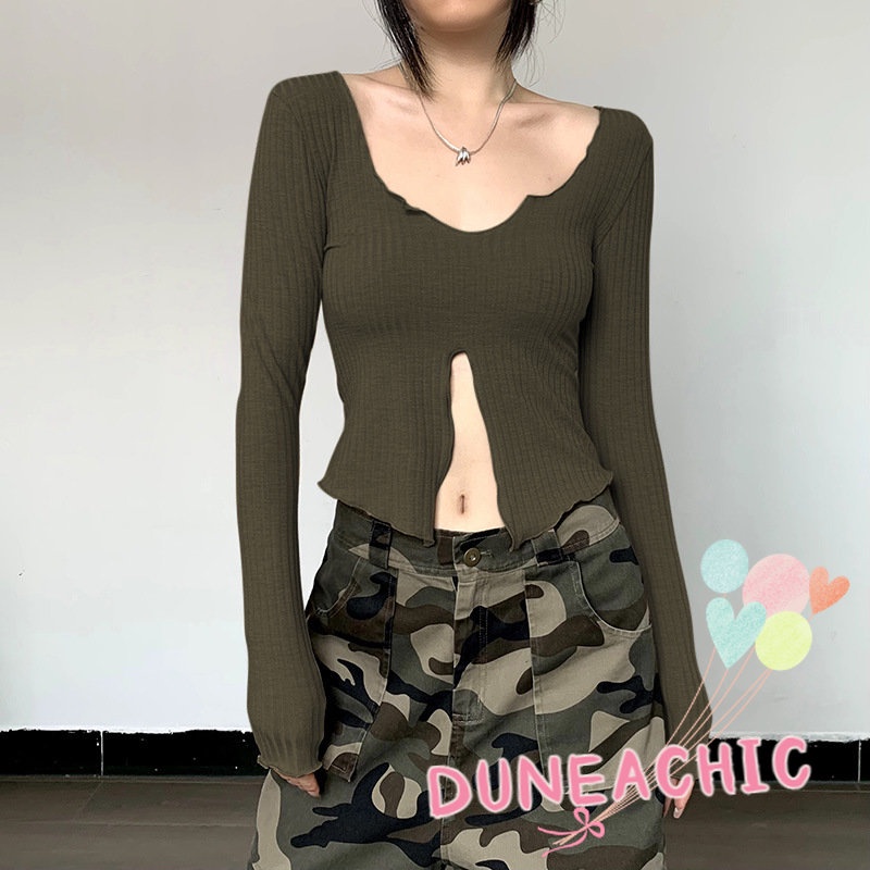 Áo Thun Tay Dài Phối Bèo Màu Trơn Thiết Kế Xẻ Tà Cá Tính