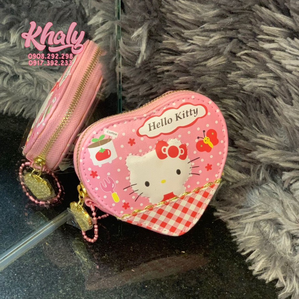 Bóp ví tiền cầm tay dây kéo da mềm kiểu trái tim Hello Kitty đan chéo sọc caro màu hồng dành cho nữ và các bạn gái
