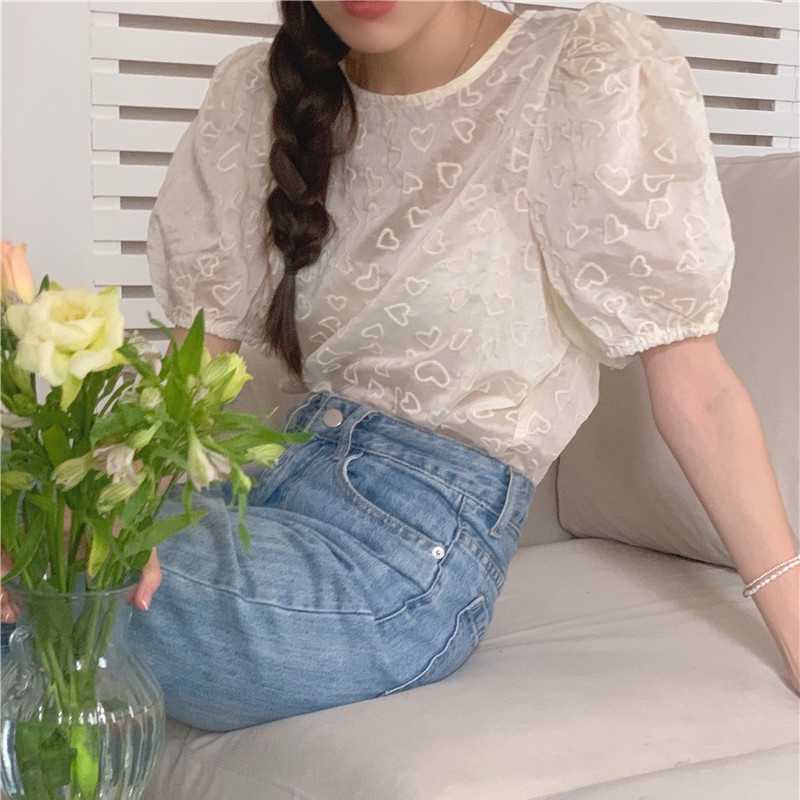 SUXI Áo Thun Tay Ngắn Cổ Tròn Trong Suốt Thêu Hình Trái Tim Nhỏ Màu Trơn Phong Cách Hàn Quốc Mùa Hè