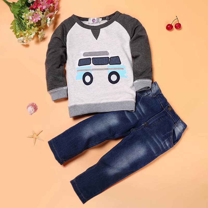 Set Áo Nỉ Dài Tay Có Mũ + Quần Jeans Dài Thời Trang Cho Bé Trai