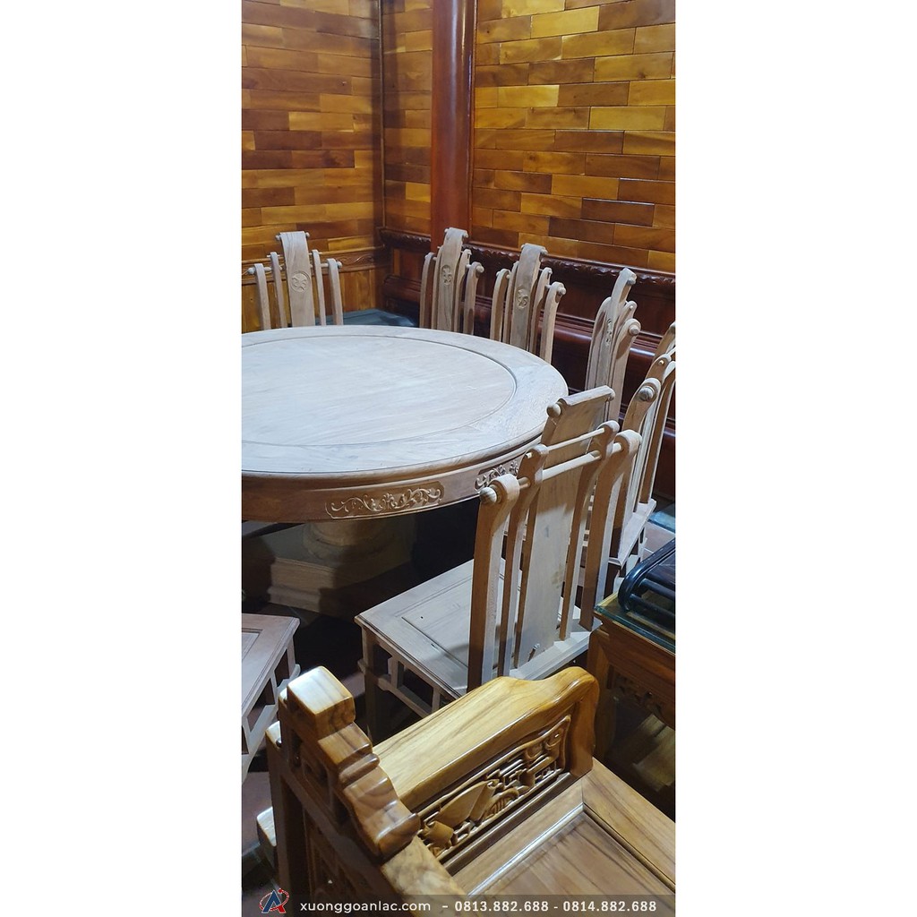 Bộ bàn ăn Tần Thuỷ Hoàng gỗ gõ 10 ghế, bàn tròn đóng khuôn tranh