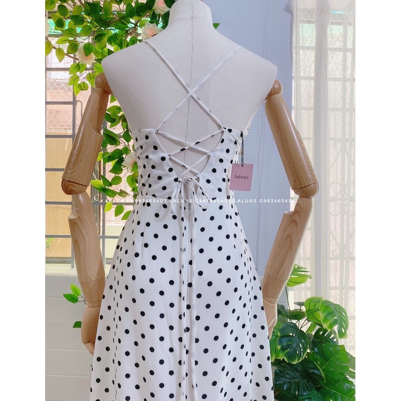 Đầm bigsize 2 dây hở lưng chấm bi có mút ngực Laluas