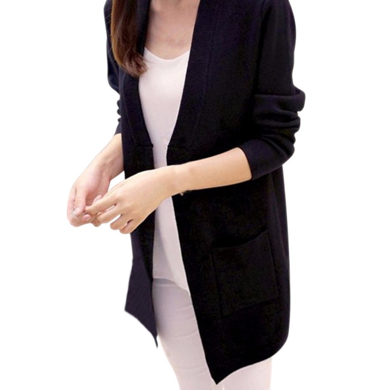 Áo Khoác Cardigan Dệt Kim Dáng Dài Phối Túi Phong Cách Hàn Quốc