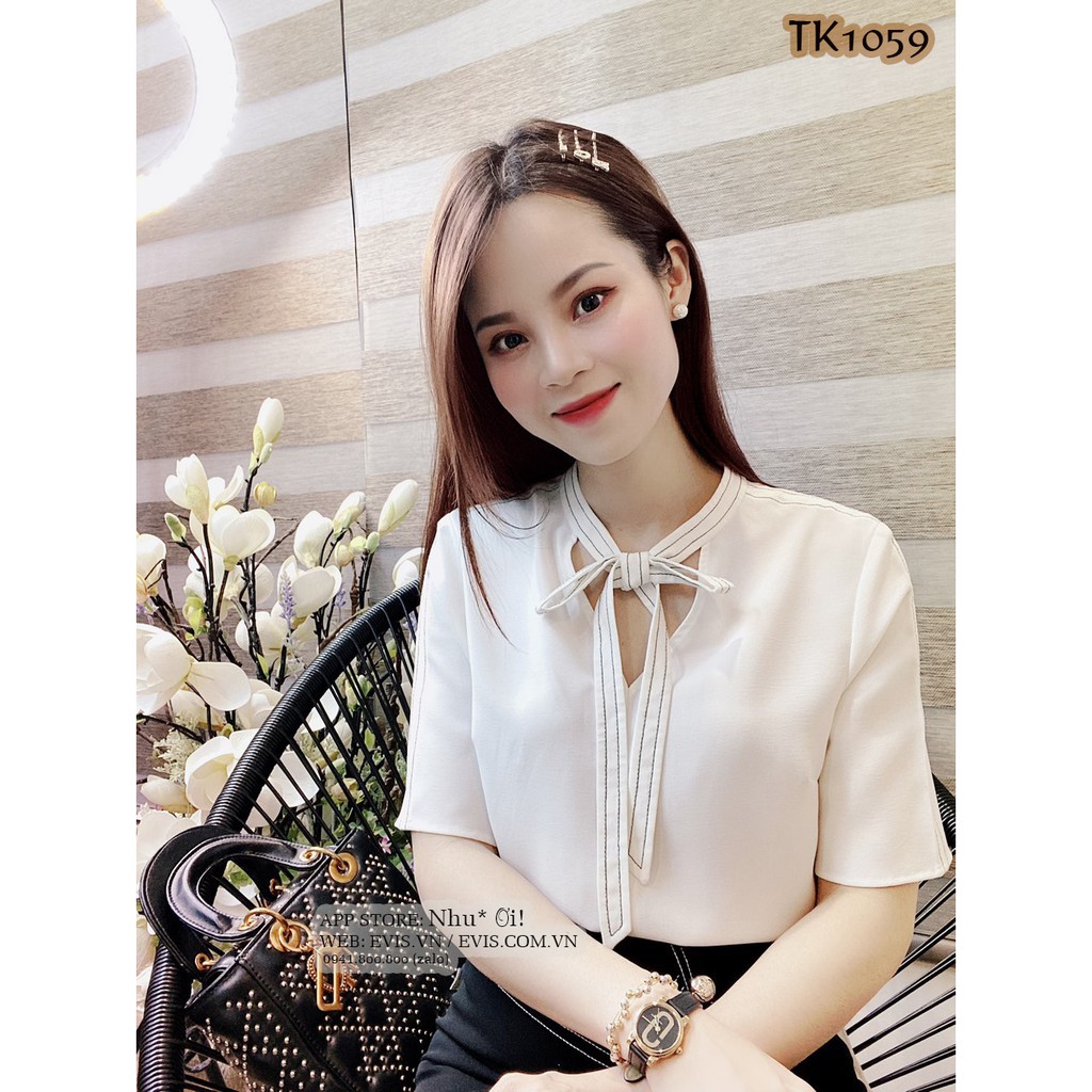 Áo sơ mi trắng cộc tay cổ nơ trần chỉ