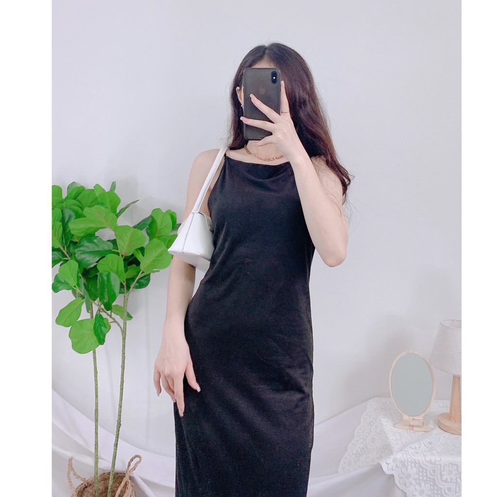 Đầm Hai Dây Hở Lưng PEONYB Nữ [FREESHIP] 🌸 Váy midi 2s body dáng ôm màu đen trơn thiết kế sexy Ulzzang HOT 🌸 | WebRaoVat - webraovat.net.vn