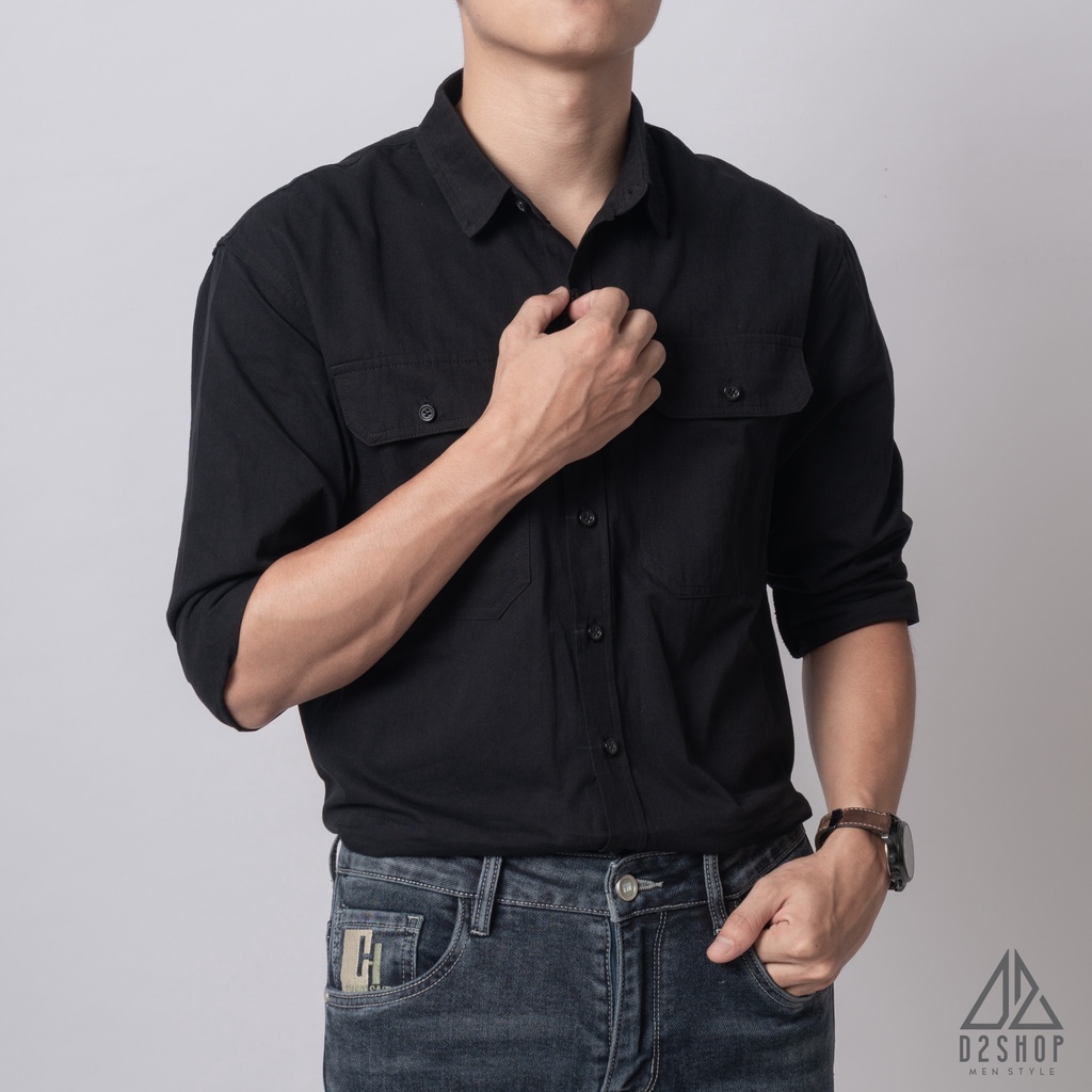 Áo sơ mi D2shop, áo sơ mi nam dài tay vải kaki túi hộp, màu đen