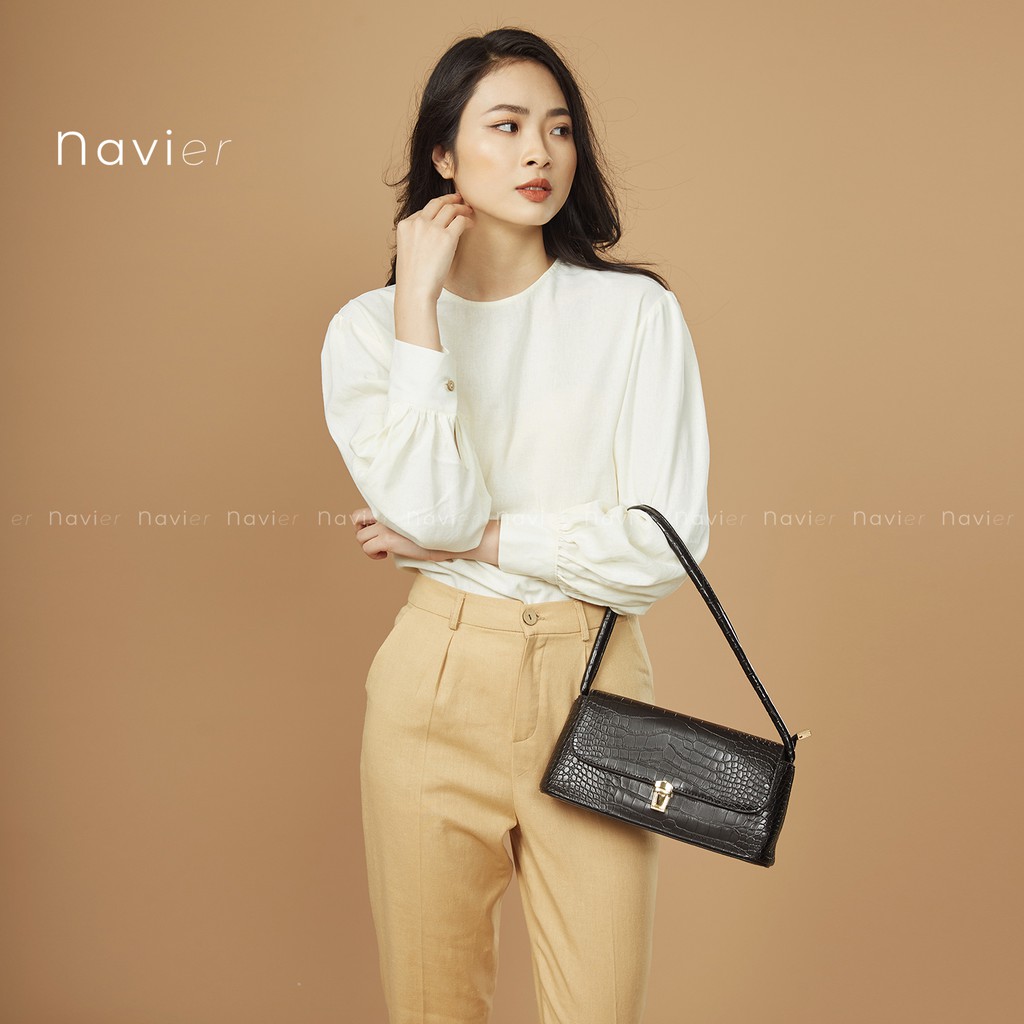 ÁO TAY PHỒNG CỔ TRÒN DÀI TAY BỒNG DÁNG SUÔNG PHONG CÁCH KIỂU ULZZANG VẢI ĐŨI - LINEN SHIRT A01 NAVIER