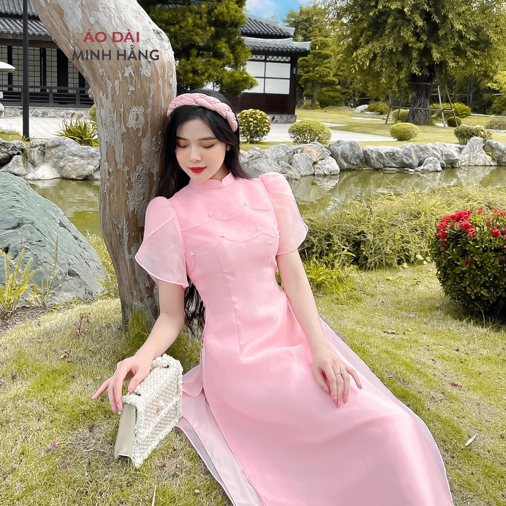 Áo dài cách tân nữ tầng sóng tay bồng thiết kế màu hồng cam_Áo Dài Minh Hằng