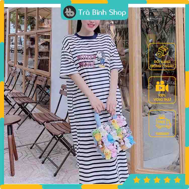 Váy Nữ Họa Tiết Kẻ Ngang Chất Cotton Suông In Hoạ Tiết Mickey Đầm Dáng Dài Thoáng Mát