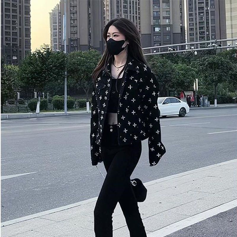 80-200 jin large-size black denim jacket for women's new Spring and Autumn Hong Kong style loose cross blouse