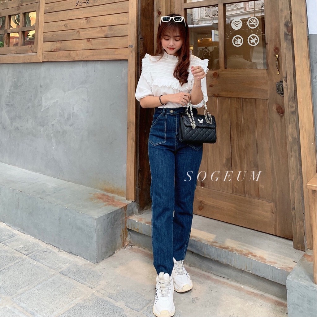 Quần jeans nữ ống đứng lưng siêu cao, co giãn tốt style hàn