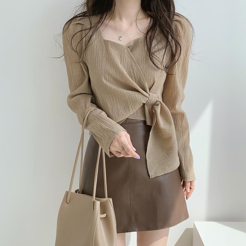 Áo Croptop Tay Dài Cổ Vuông Phong Cách retro Thời Trang Hàn Quốc