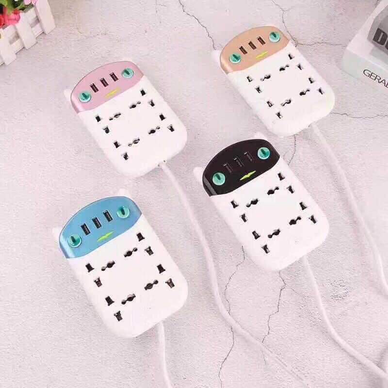 Ổ điện đa năng, ổ cắm điện hình mèo 4 cổng, có cổng USB chống giật