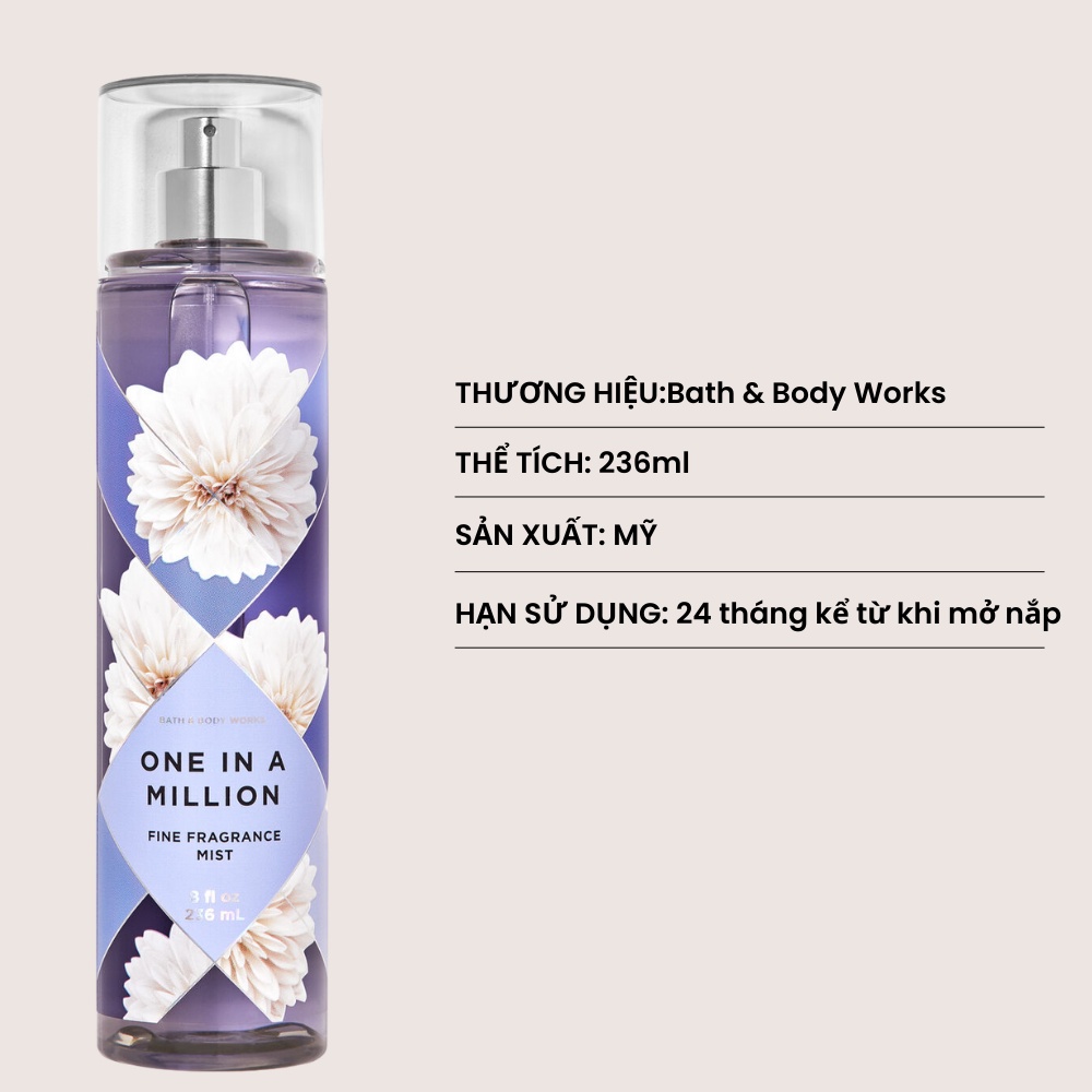Xịt Thơm Toàn Thân Body Mist Bath & Body Works - ONE IN A MILLION - Hương Hoa Nhài Nồng Ấm Chai 236ml