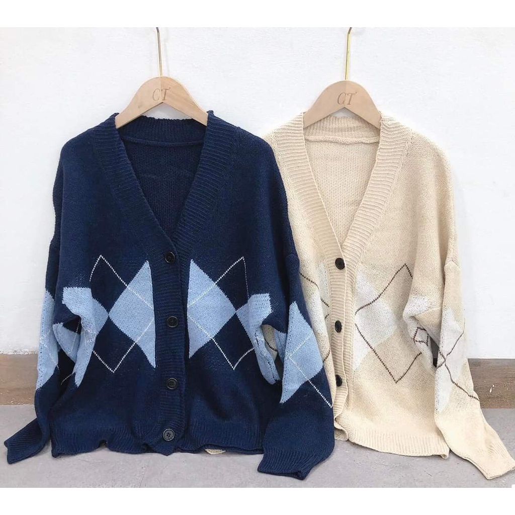 Áo Khoác Cardigan Len Nữ Kẻ Trám Xanh Be Phong Cách Ulzzang, Labibi