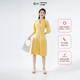 Váy cổ vest dập ly chân cchat