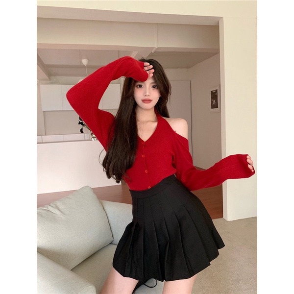 SET ÁO KHOÉT VAI TAY DÀI + CHÂN VÁY XẾP LY