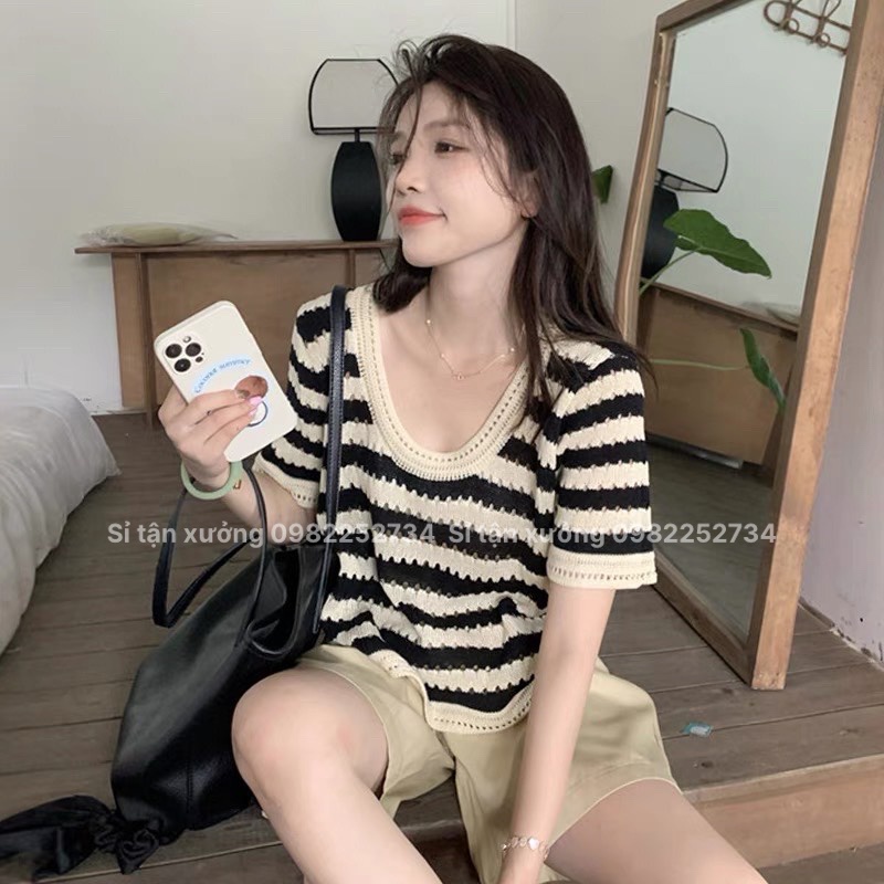 Áo dệt kim cộc tay phối kẻ ngang ulzzang mùa hè, áo len mỏng ngắn tay dáng rộng 3415