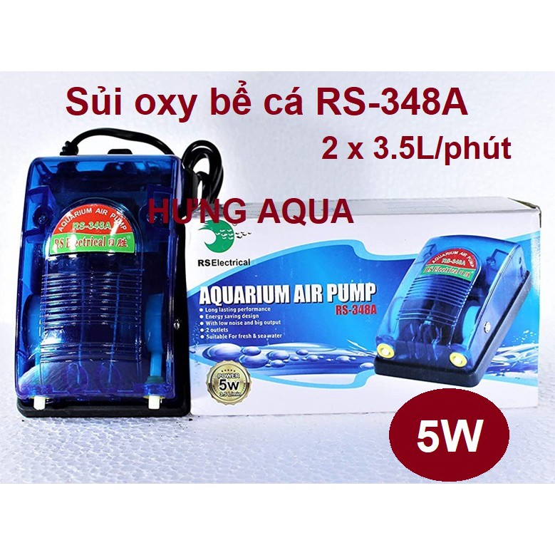 Máy sủi oxy bể cá RS/ SOBO/ VIPSUN 348A 2 vòi 5W nhỏ gọn tiết kiệm điện, chạy êm ái (combo phụ kiện)