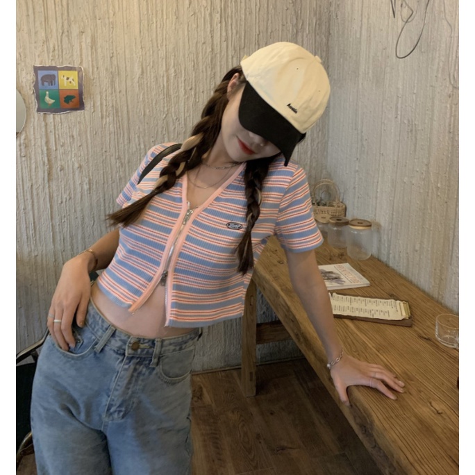 Áo dệt kim SUXI tay ngắn cổ chữ V kẻ sọc phối khóa kéo thời trang mùa hè cho nữ