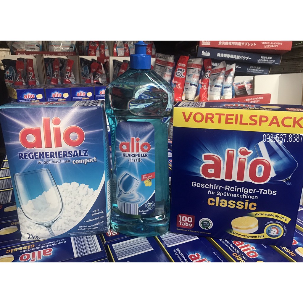 Trọn bộ viên rửa bát Alio 100v + Muối mềm nước 2.0kg + Nước làm bóng Alio