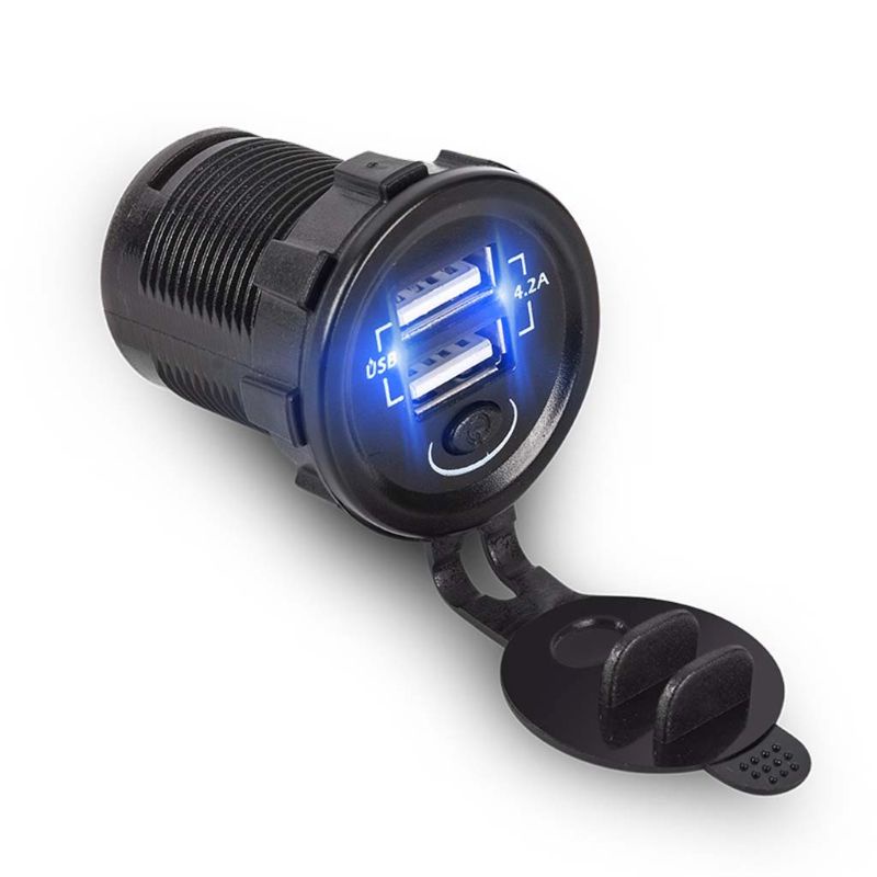 Bộ sạc điện thoại 12V 24V USB kép 5V 2.1A có công tắc bật/tắt cho xe hơi/xe máy/xe tải/tàu thuyền