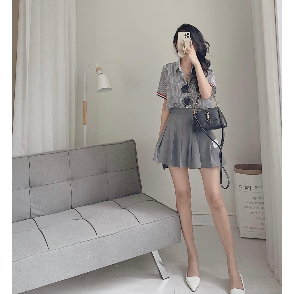 (Có sẵn/ảnh thật) Set Chân Váy Thomb Kẻ Sọc Nữ. Bộ đồ áo sơ mi cộc tay và đầm mini dáng ngắn thể thao cá tính Ulzzang