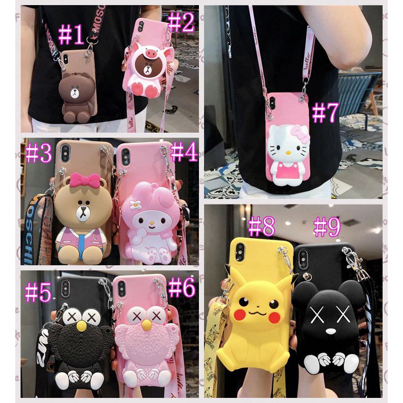 Ốp điện thoại hình gấu nâu Kitty Sesame Street hoạt hình dạng ví có khóa kéo và dây đeo cho iPhone 7 8 Plus X XS Max XR